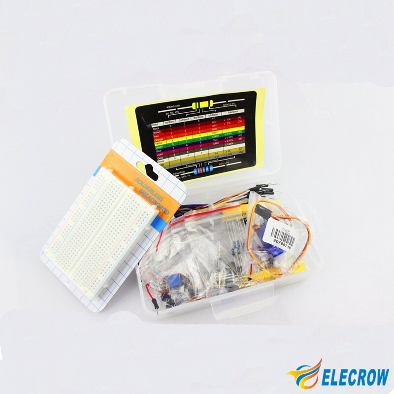Elecrow-초보자용 아두이노 스타터 키트, 저항 카드가 있는 DIY 부품 키트, 빵 보드 포함, 플라스틱 상자에 전자 부품