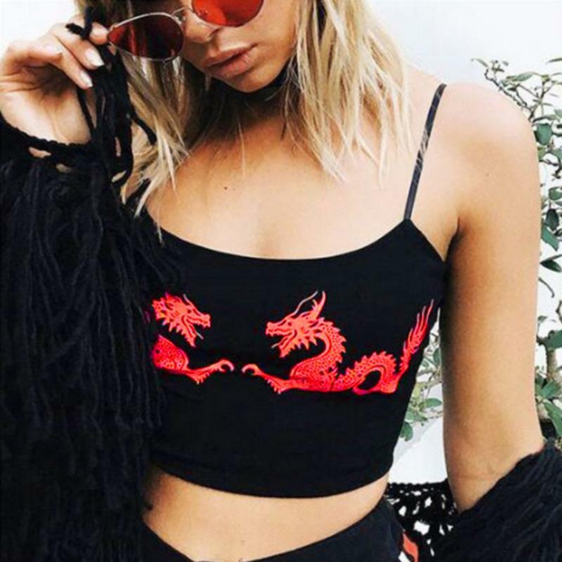 2019 Summer Sexy Crop Tops For Women Straps Sleeveless Pattern Dragon Fitness Tight Tank Tops Cropped Feminino New