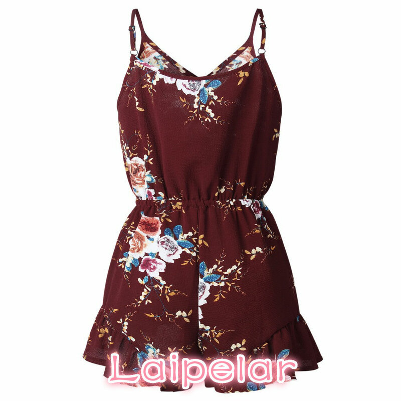 Women Floral Print Strap V Neck Backless Rompers Jumpsuits Summer Casual Playsuit Sleeveless Laipelar