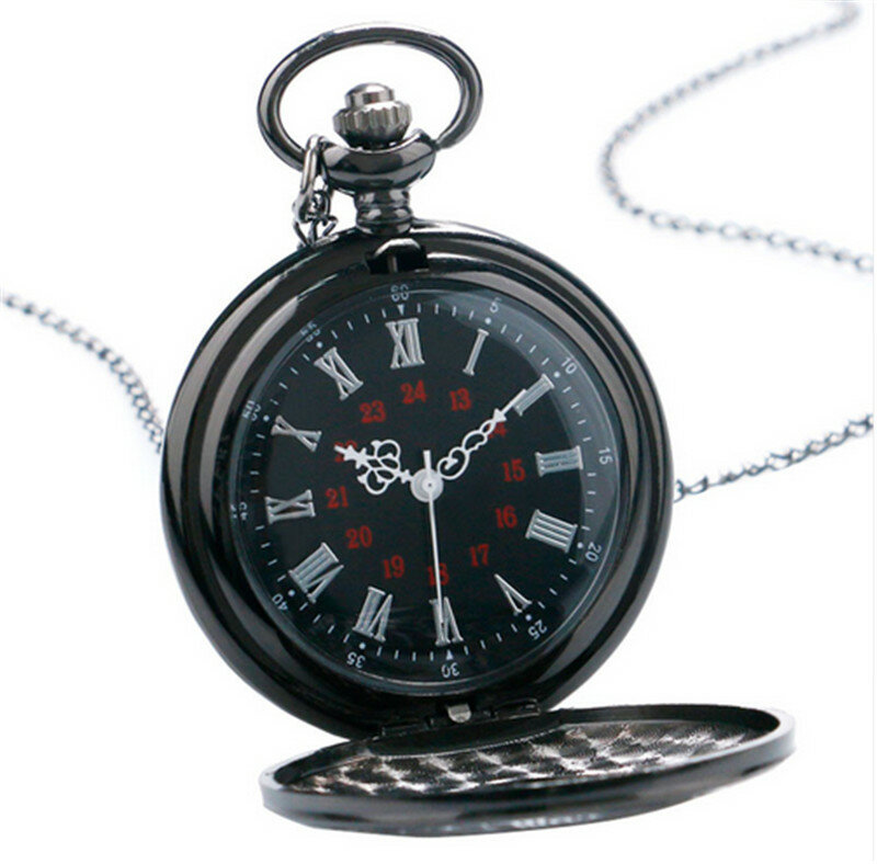 أسود Pocketwatch خمر CharmUnisex الموضة الرومانية عدد الكوارتز Steampunk ساعة جيب المرأة رجل قلادة قلادة مع سلسلة