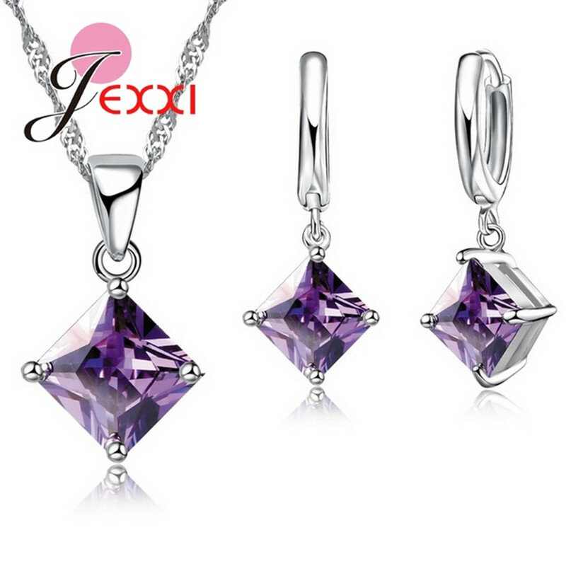 8 colori argento Sterling 925 donne matrimonio bella collana pendente orecchini Set chiaramente quadrati Set di gioielli in cristallo