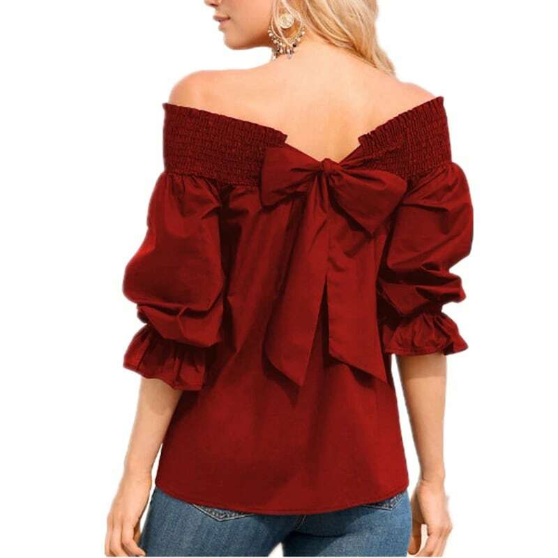 Sexy Off Shoulder wiosna lato bluzka bez ramiączek kobiety top z kokardą bluzki z dekoltem w łódkę Casual Loose blusas mujer de moda 2019