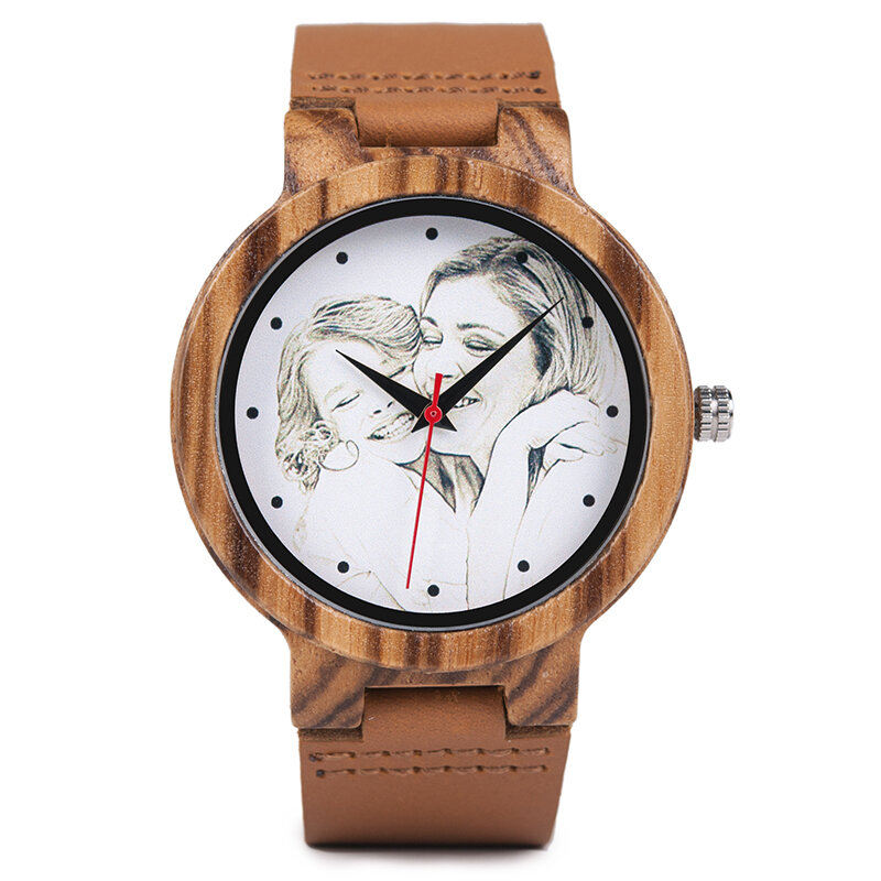 Osobowość kreatywny Design klienci zdjęcia druk UV dostosuj drewniany zegarek personalizacja druk laserowy OEM wielki prezent zegarki