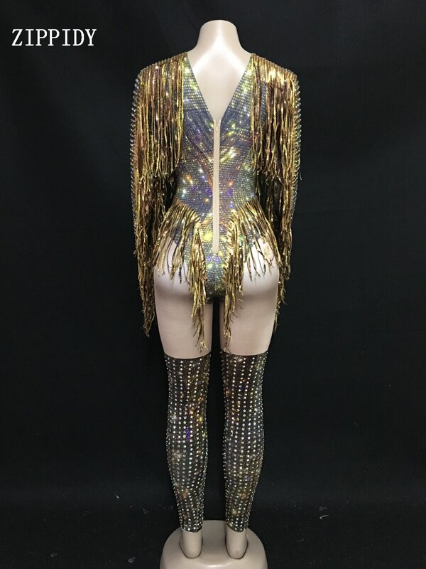 Женский боди с золотыми кисточками и стразами, большой растягивающийся костюм Леотард для джазовых танцев, для вечеринок