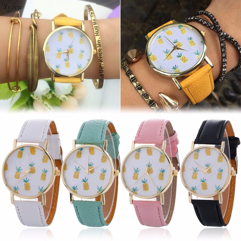 Reloj de pulsera de cuarzo analógico con correa de cuero y patrón de piña para mujer, a la moda