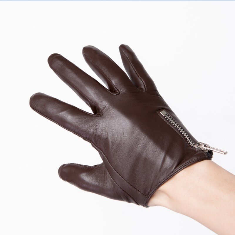 Men's Genuine Leather Gloves fashion classic short side zipper style Real Sheepskin Black Touch Screen   Winter Warm