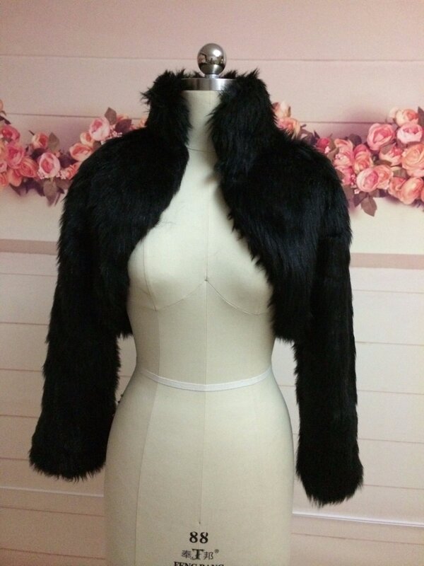 Fashion Black Faux Fur Coat Bridal Wrap Long Sleeve Jacket Shawl Cape Stole Bolero Ivory Fake Fur Bridesmaids Cape