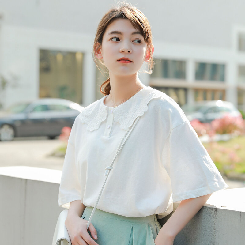 한국 소녀 셔츠 피터팬 칼라, 대학생 스타일, 반팔 블라우스, 루즈한 기질 캐주얼 셔츠 상의, H9172, 여름 신상