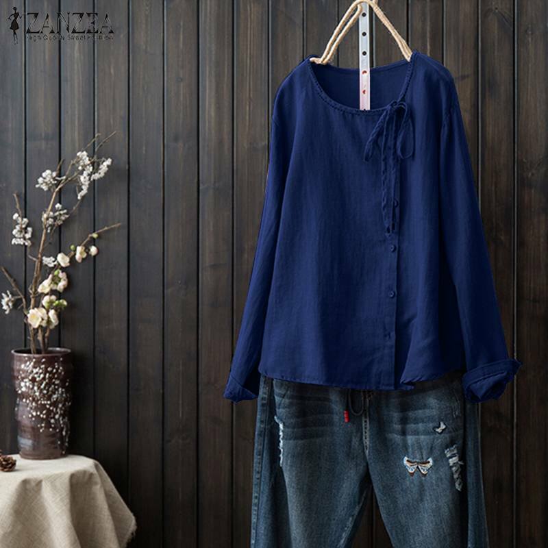 ZANZEA-Blusa de linho de algodão vintage para mulheres, manga longa, botões camisas, tops casuais de túnica sólida