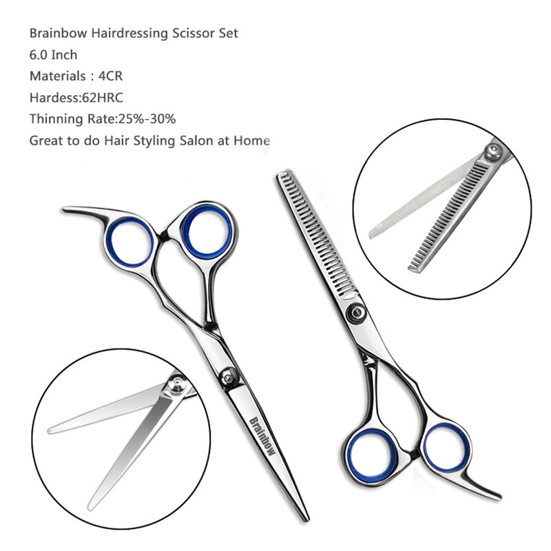 Brainbow-tesoura de aço inoxidável para cortar cabelo, 6 polegadas, ferramenta de cabeleireiro, para salão de beleza, com lâminas dentadas regulares