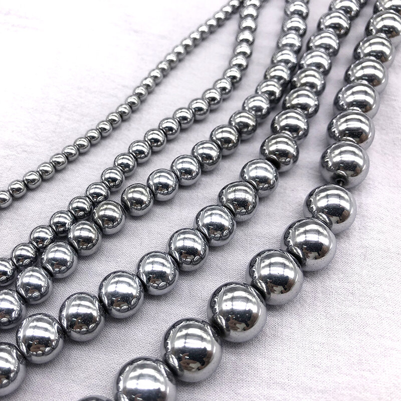Perles rondes en hématite blanche argentée, pierre naturelle, 4mm, 6mm, 8mm, 10mm, 12mm, collier bricolage, bracelet, bijoux, accessoire exécutif