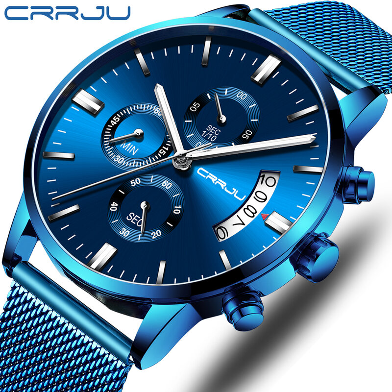 Nowy CRRJU męskie zegarki Top luksusowa marka wodoodporny zegarek sportowy na rękę chronograf kwarcowy wojskowy Mesh Steel relojes hombre 2273