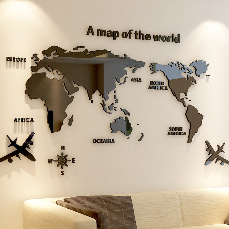 World map Acrylic 3D solid crystal bedroom wall with living room classroom stickers office decoration DIY ideas
