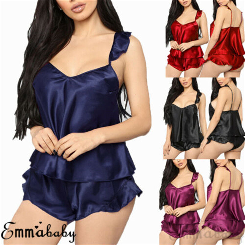 Hot Soft Satin Silk Sexy Lingerie Babydoll Underwear Women's Sleepwear Chemise Nightwear Pajama Sets Lace Stylish new