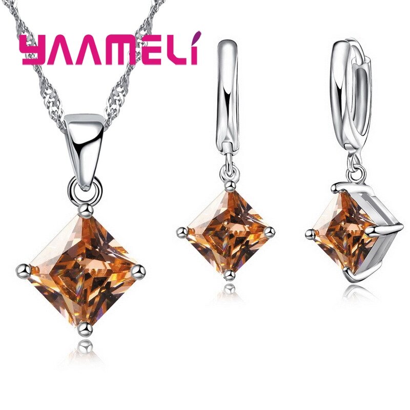 Kalung liontin wanita mode baru anting persegi geometris sederhana set perhiasan perak Sterling 925 kristal untuk pernikahan