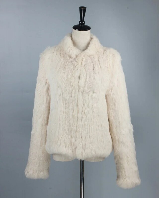 Chaqueta de piel de conejo de punto para mujer, abrigo con cuello mandarín, prendas de vestir exteriores de piel para otoño e invierno, VF7009