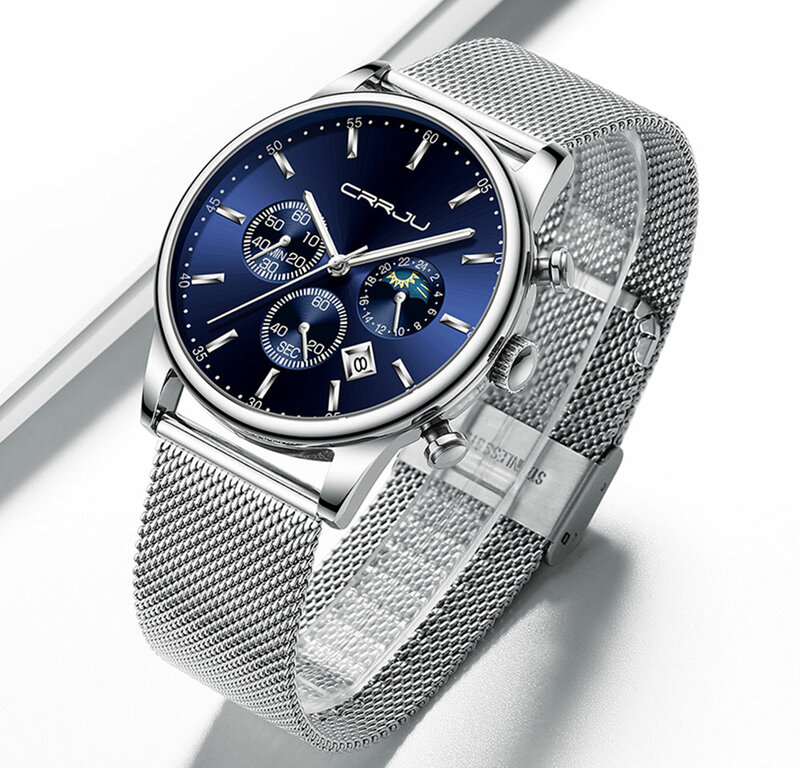Relógio quartzo masculino luxuoso, com pulseira prateada azul de discagem diária à prova d'água esportivo 2019