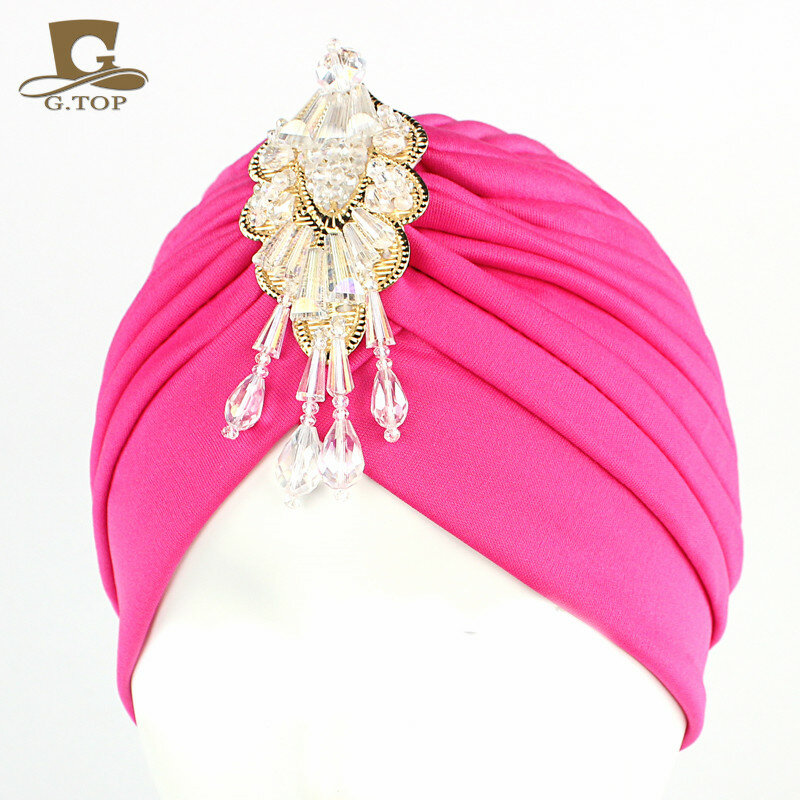 NEW Luxury Divas Stretchable turban Head wrap hat with beaded pendant women Headwear