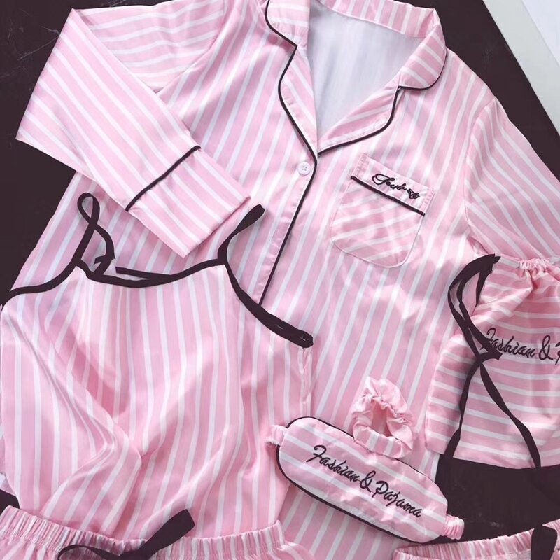 JRMISSLI-Conjunto de pijama rosa para mujer, lencería Sexy de seda satinada, ropa de dormir para el hogar, 7 piezas