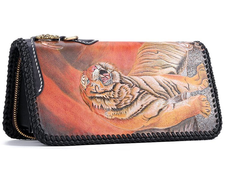 Master Works-billeteras de cuero genuino para hombre, carteras de cuero curtido con diseño de tigre dragón tallado, bolso largo, tarjetero