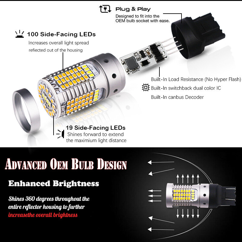 IJDM No Hyper Flash 21W 7443 LED Canbus 3157 1157 LED Switchback białe/bursztynowe żarówki LED do jazdy dziennej/Turn światła sygnalizacyjne