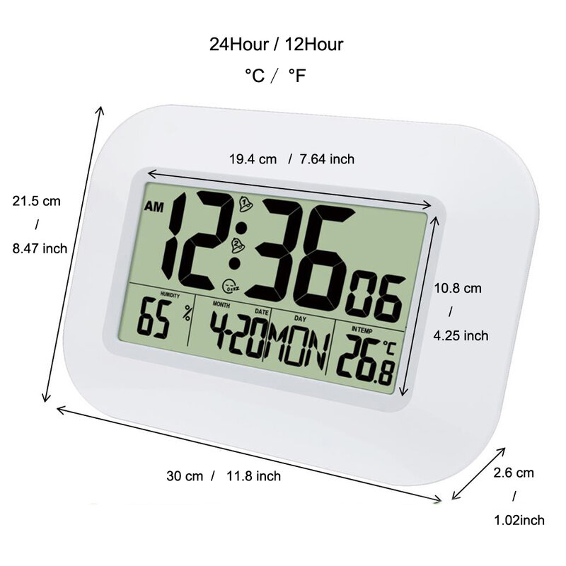 ขนาดใหญ่LCD Digital Wallนาฬิกาตารางเดสก์ท็อปนาฬิกาปลุกอุณหภูมิเครื่องวัดอุณหภูมิความชื้นความชื้นSnoozeปฏิทิน
