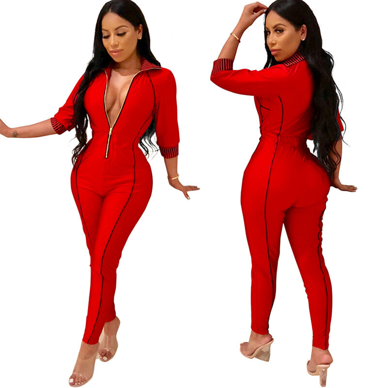 Solid Color Front Zipper Sexy Rompers Womens Jumpsuit 2018 Quarter Sleeve Bandage Overalls Sexy Autumn Bodycon Jumpsuits M8277
