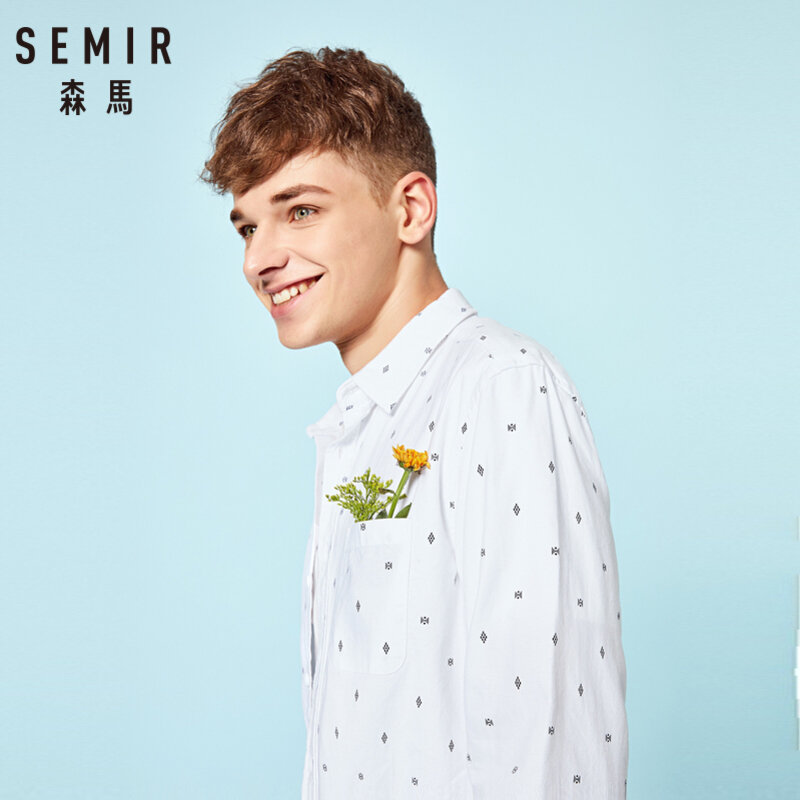 Semi-r men regular ajuste 100% algodão estampado camisa com gola masculina camisa de mangas compridas com bolso no peito afilado cintura para primavera