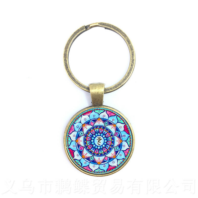 Porte-clés OM Yoga Chakra en verre, bijou en verre, motif géométrique sacré, fleur violette, à la mode, cadeau pour amis, 2018