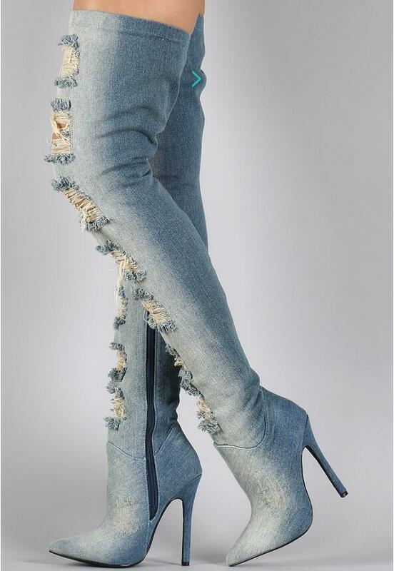 Новые дизайнерские сапоги до бедра с прорезями женские сапоги на высоком каблуке весенне-осенние высокие джинсовые сапоги с острым носком сапоги  размеры 34–42 бесплатная доставка