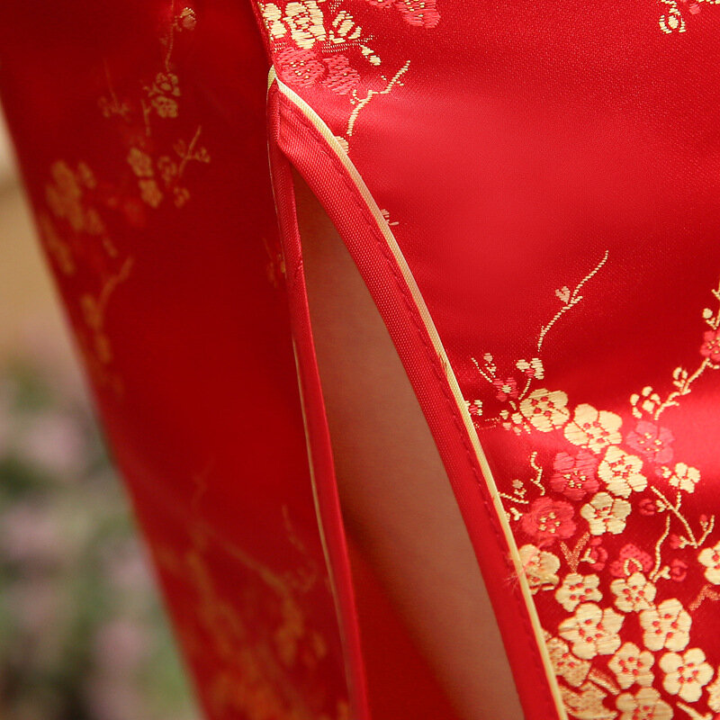 จีนสีแดงผู้หญิง Vintage ซาติน Qipao เซ็กซี่ยาว Slim Cheongsam ขายร้อนดอกไม้ชุดขนาด S M XL XXL 3X4XL 5XL 6XL JA13