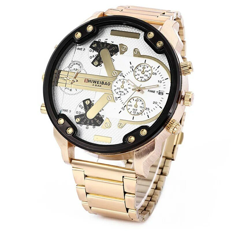 Reloj de pulsera de acero dorado dz para hombre, cronógrafo de cuarzo, de estilo militar, doble horario