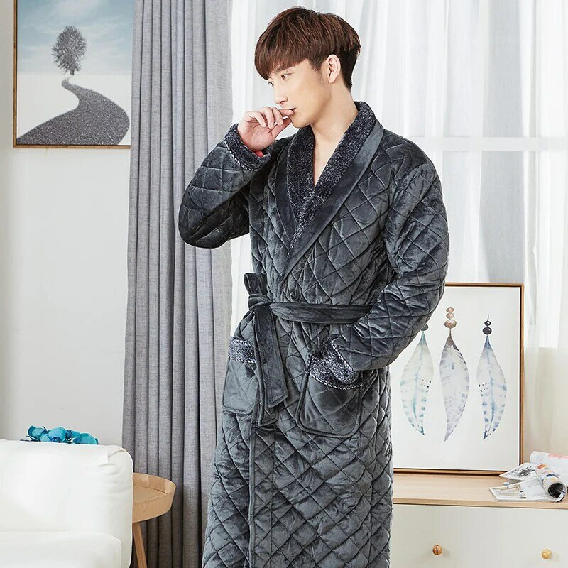 Thick 3 Layers Warm Winter Bathrobe Men Soft Flannel Quilted Long Kimono Bath Robe Male Dressing Gown for Mens Coral Fleece Robe