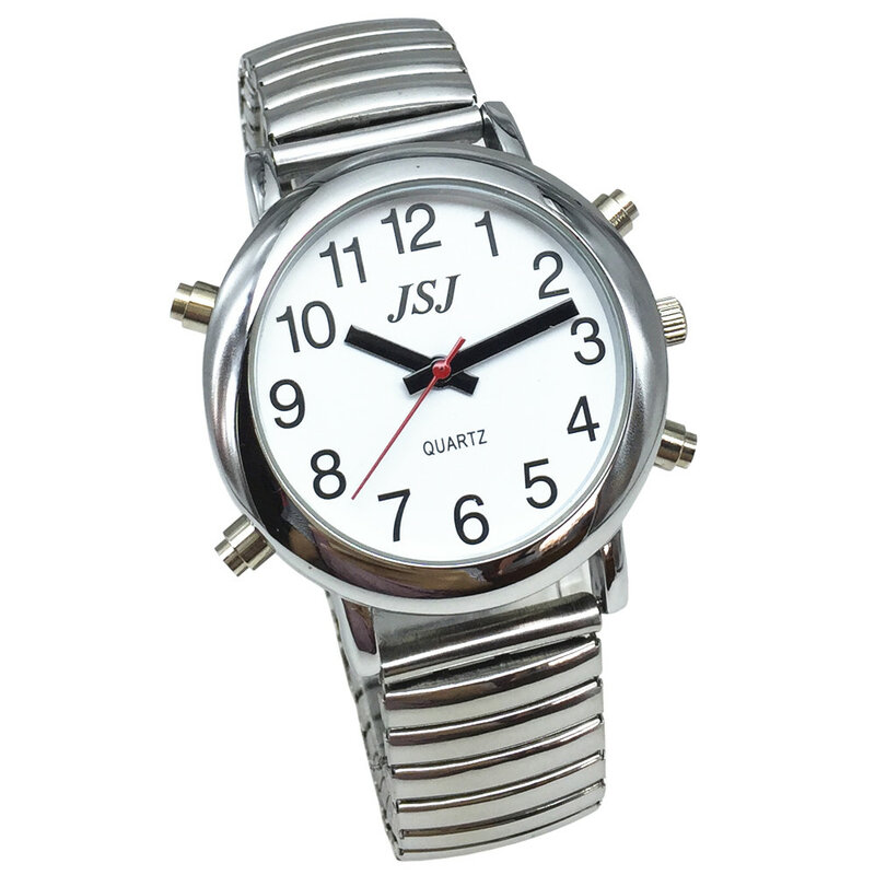 Engels Praten Horloge met Alarm, Witte Wijzerplaat, Zilveren Frame, Uitbreiding Band