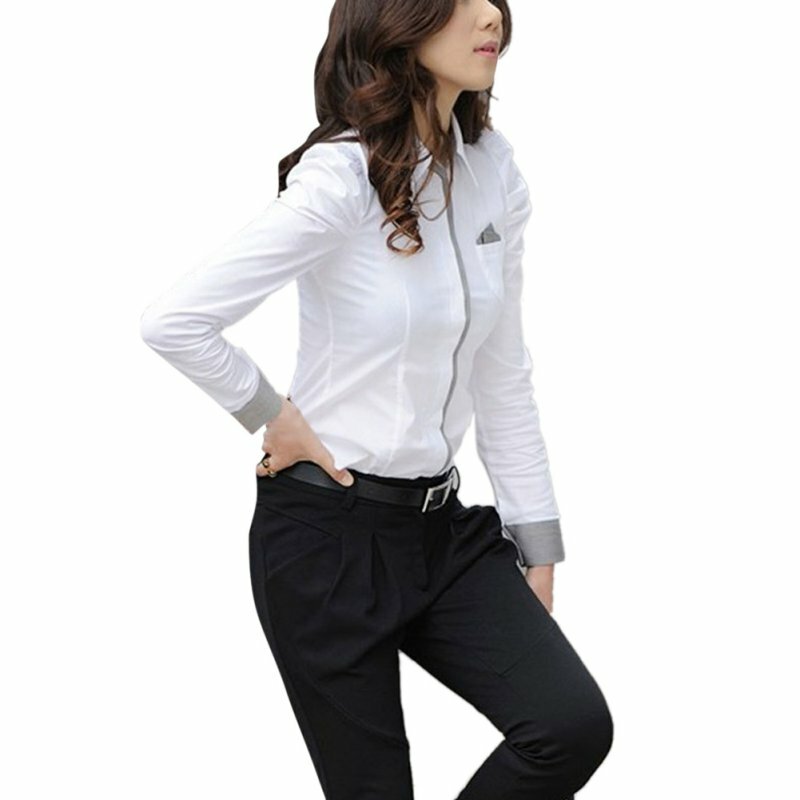 แฟชั่นผู้หญิง Elegant Office Lady อย่างเป็นทางการปุ่มลง Blusas เสื้อแขนยาวสีขาวเสื้อ Tee
