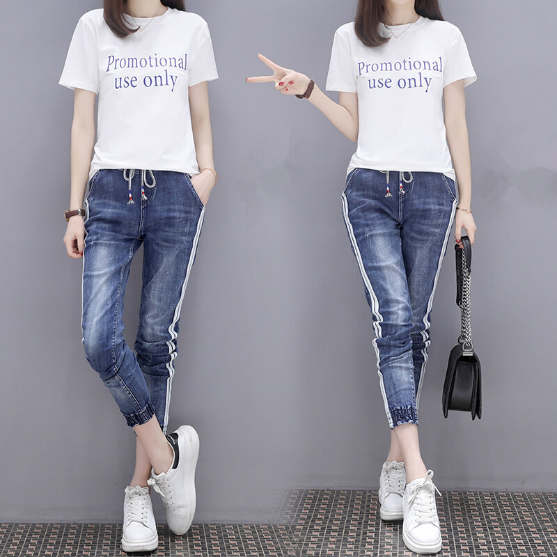 Ensemble de vêtements 2 pièces pour femmes, t-shirt à manches courtes et jean, motif de dessin animé avec paillettes et lettres, nouvelle mode, 2019