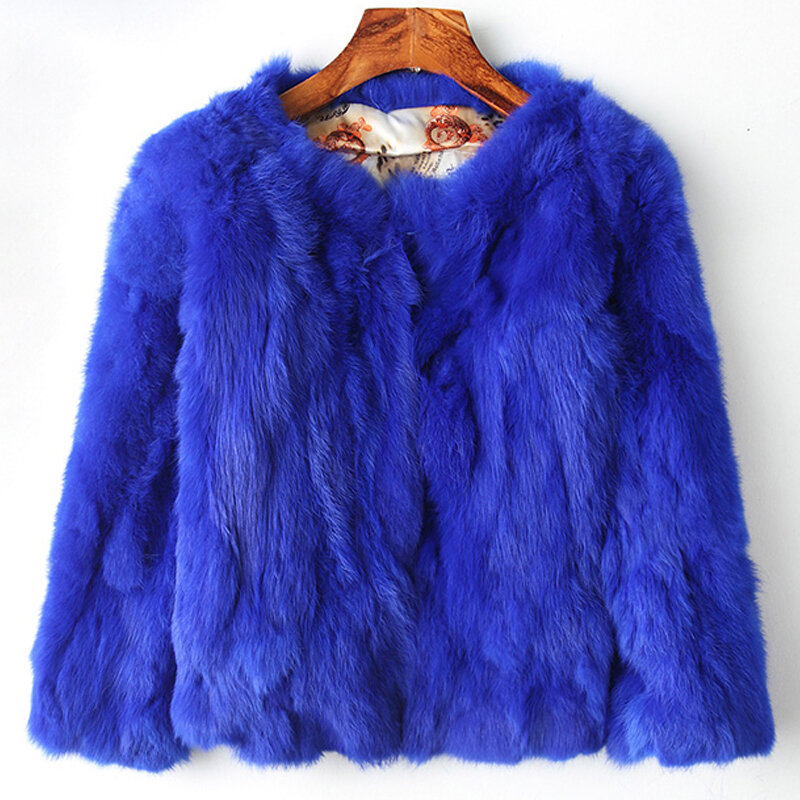 JKP Women Real Rabbit Fur Coat Natural Rex Rabbit Fur Coat O-Neck Fashion Slim Thin Rabbit Fur Coat Full Pelt Genuine Fur