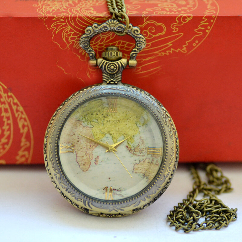 Mapa do mundo vintage em bronze, relógio de bolso em vidro transparente, quartz, de boa qualidade, com colar, 9015