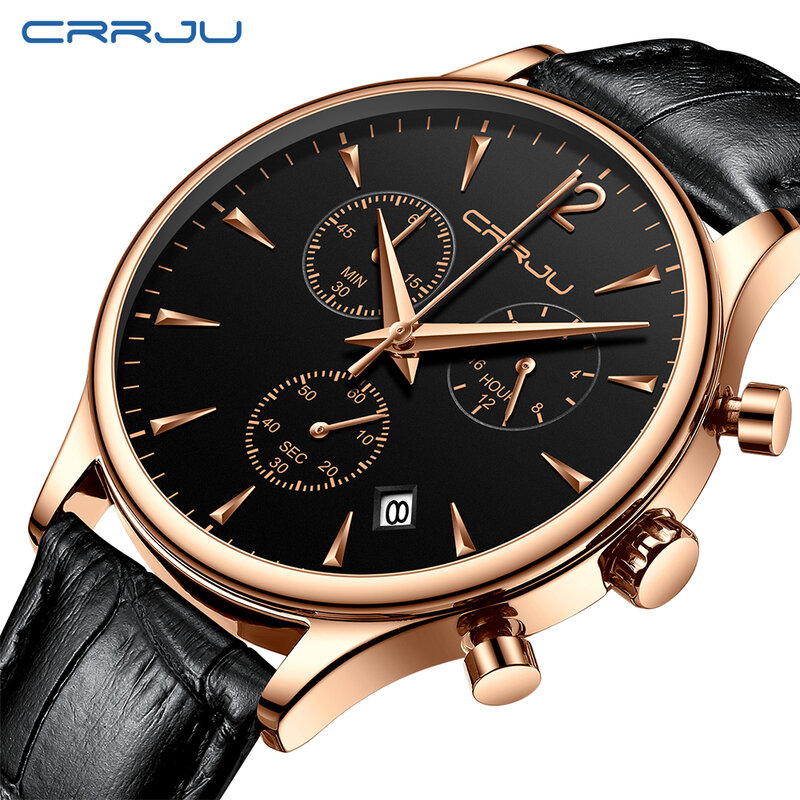 2019ใหม่ CRRJU Casual เข็มขัดหนังควอตซ์สีดำนาฬิกา Mens นาฬิกาแบรนด์หรูนาฬิกากันน้ำ Relogio Masculino