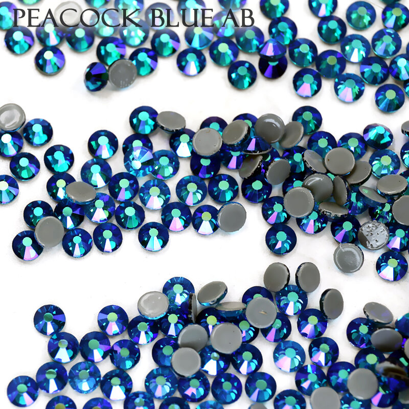 Diamantes de imitación AB con reverso plano azul pavo real, cristales brillantes, strass, piedras hotfix para costura, arte, vestido, accesorio de tela