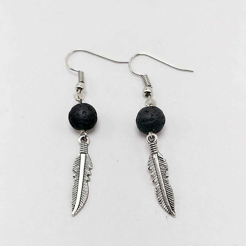 Fashion Feather Charms Aromatherapy Earrings Black Lava Bead DIY Essential Oil Diffuser Earrings  Jewelry