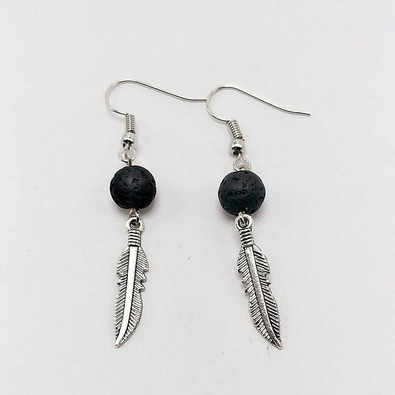 Pendientes de aromaterapia con dijes de plumas, cuentas de Lava negra, pendientes difusores de aceites esenciales DIY, joyería