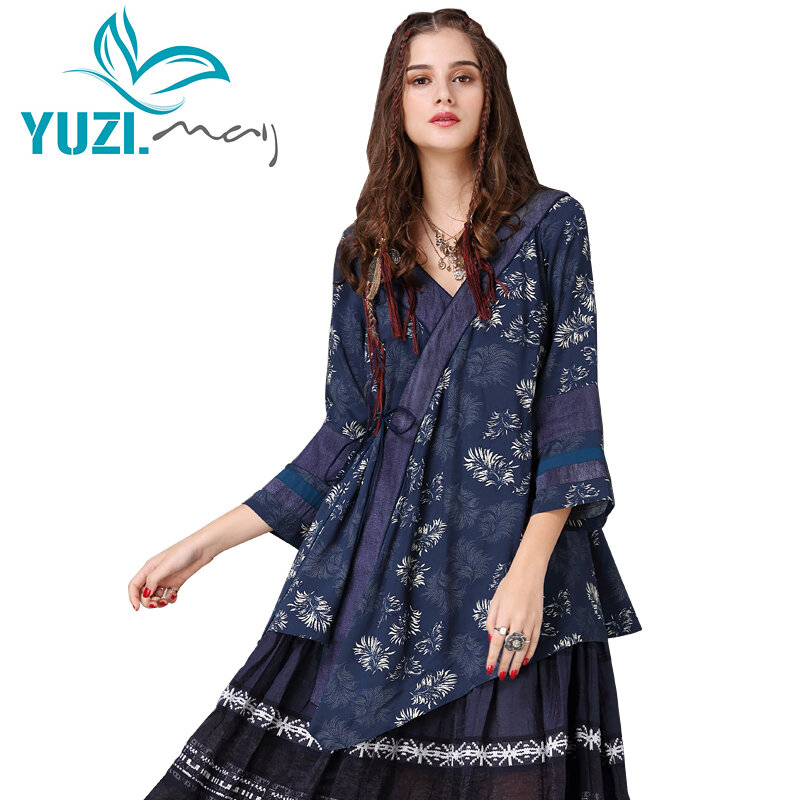 Áo của phụ nữ 2018 Yuzi. may Boho New Bông Polyester Blusas V-Cổ Hoa In Dây Rút Nữ Không Đối Xứng của Áo Sơ Mi B9236