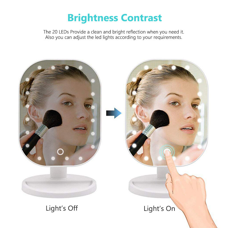 Tela sensível ao toque 20led espelho de maquiagem luz mesa cabeceira espelho de mesa vaidade luzes beleza saúde espelho led 10x ampliação