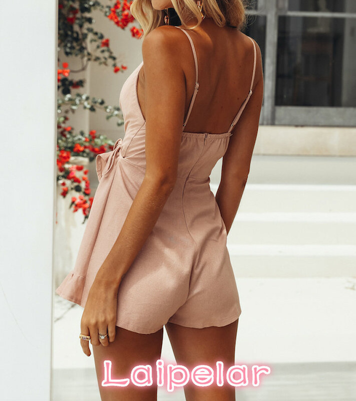 New summer solid ruffles rompers jumpsuits women sexy strap wrap lace up overalls lady casual boho beach playsuits Laipelar