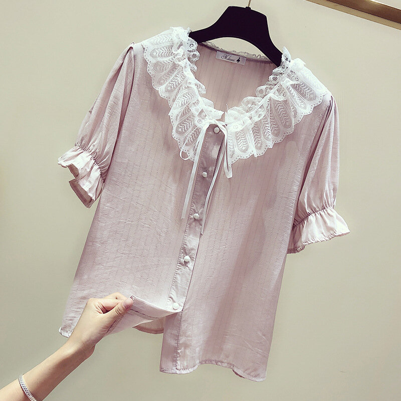 Милая Кружевная рубашка с бантом женская летняя блуза с короткими рукавами и v-образным вырезом Топ для девочек, чистый цвет, новый корейский стиль преппи рубашки H9155