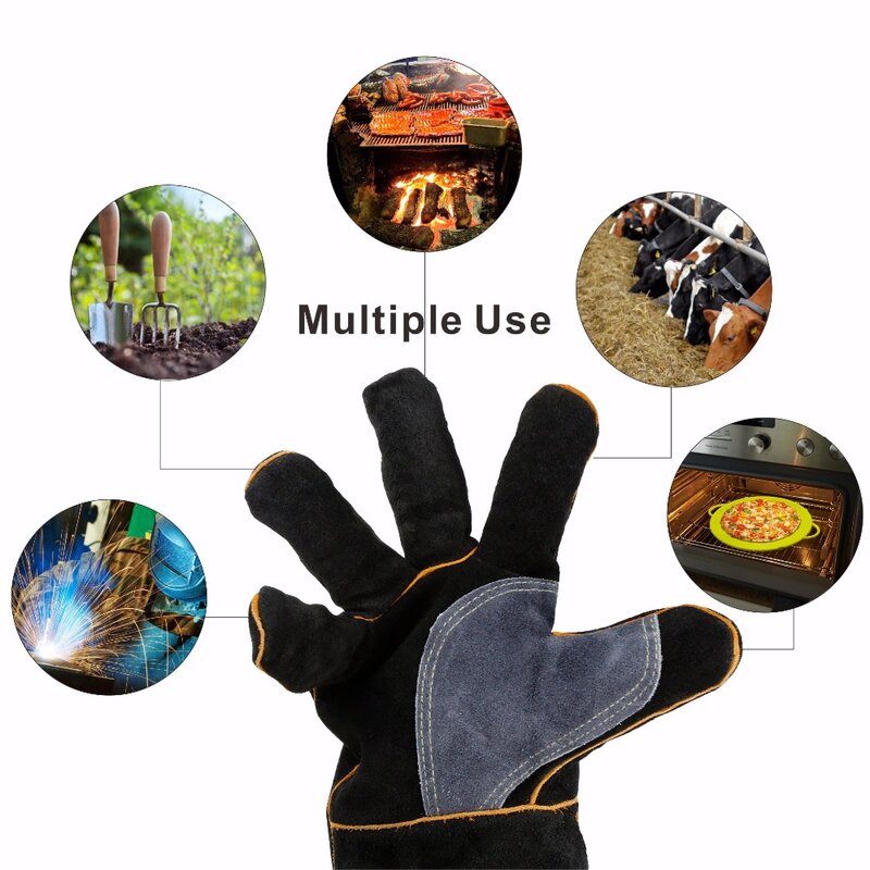 KIMYUAN – gants de soudage 016/017L, résistants à la chaleur, parfaits pour la cuisine, la cuisson, la cheminée, la manipulation d'animaux, le barbecue, noir et gris, 14/16 pouces