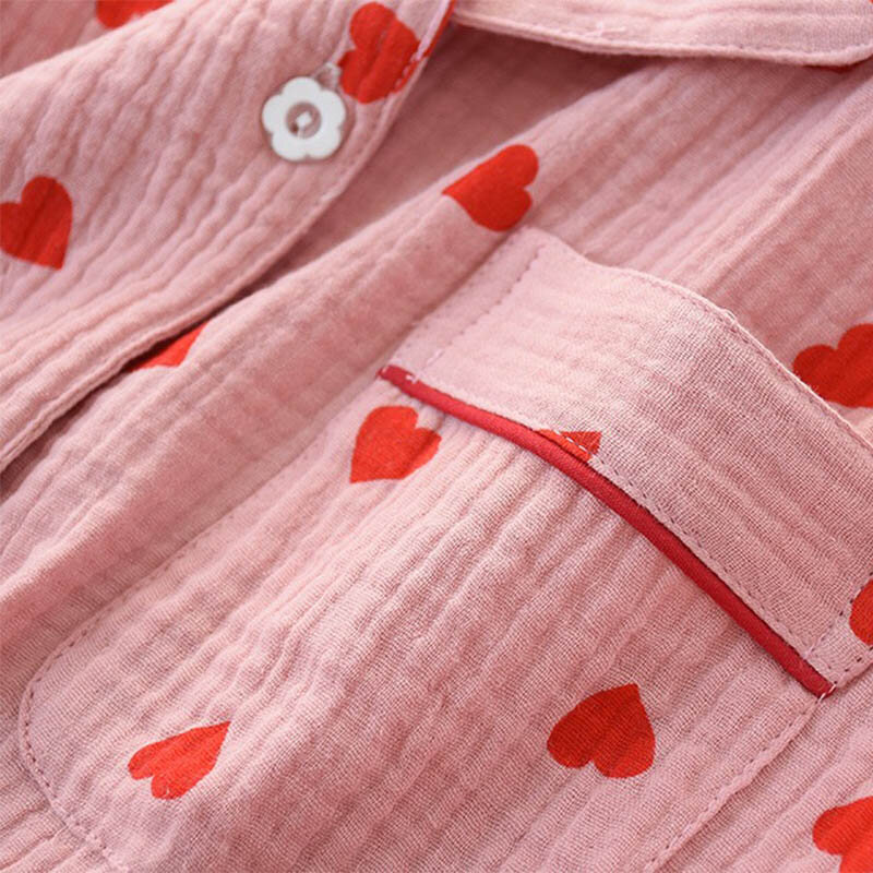 Conjunto pijama estampado em coração para senhoras, algodão crepe, gaze de camada dupla, gola virada para baixo, calças de manga comprida, roupa doméstica, primavera, novo