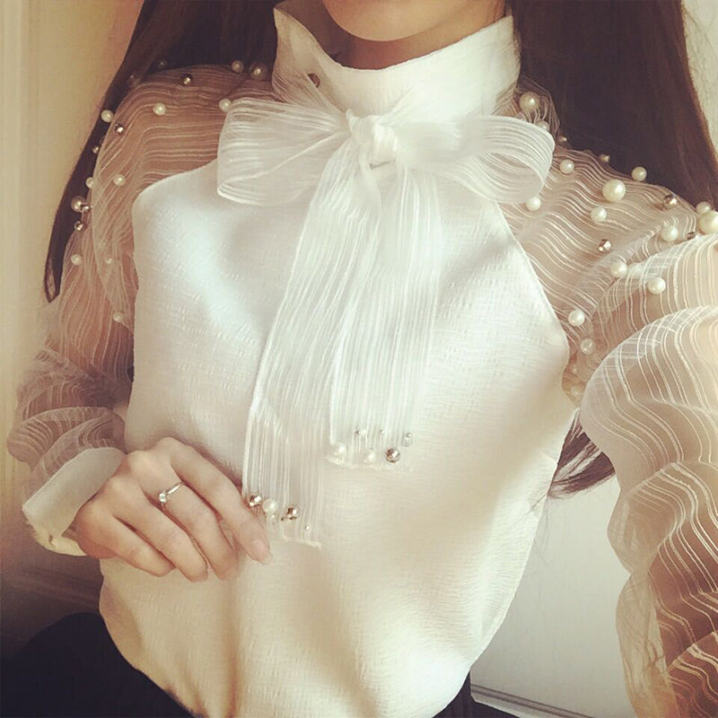 Blusa elegante de organza con lazo de perla para mujer, camisa informal de gasa de manga larga, tops y blusas blancas, novedad de verano 2019