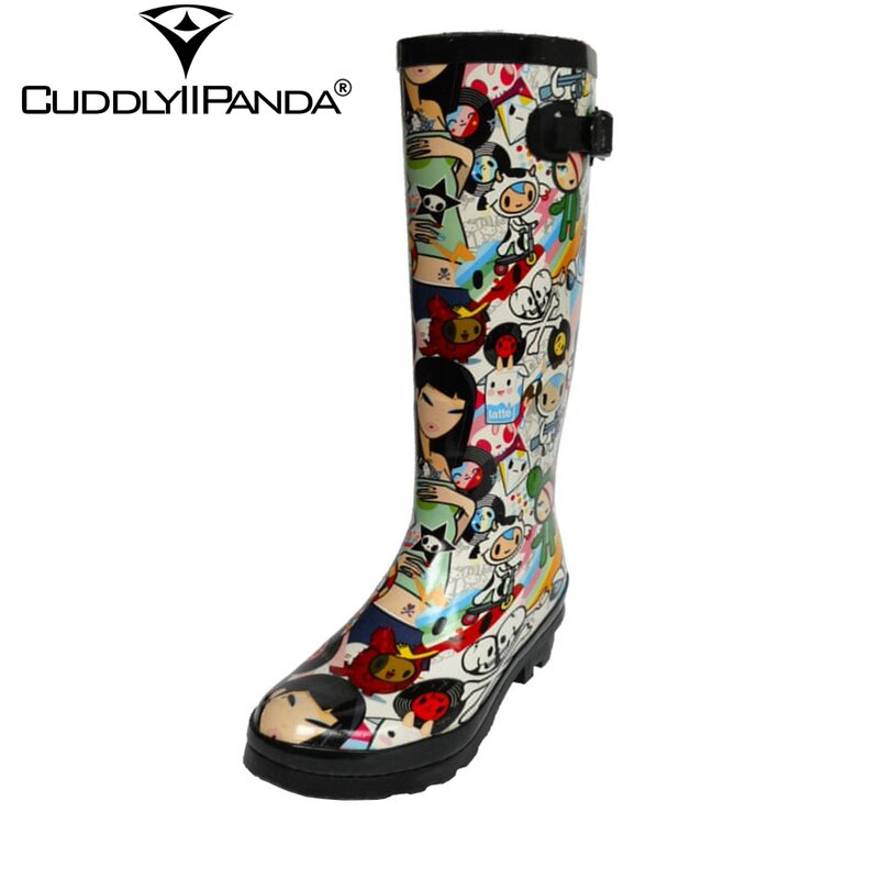 Novas botas de chuva com desenho pintado à mão, botas femininas à prova d'água até o joelho, fofas de alça com fivela